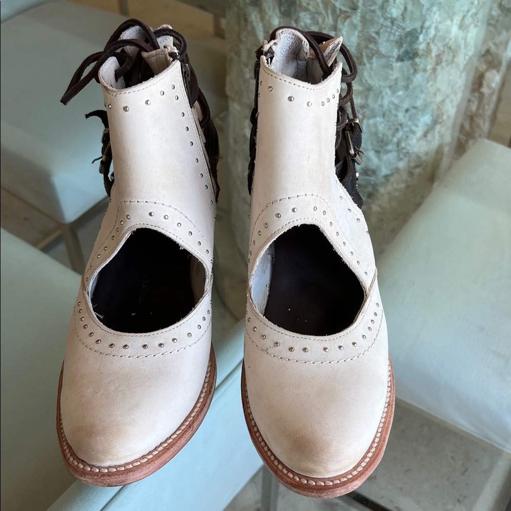 freebird White Cutout Lace-Up Ankle Booties with Brown Accents - Picture 3 of 14